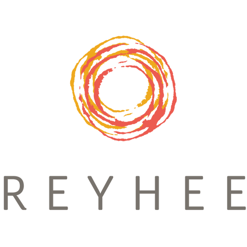 Reyhee logo featuring circles graphic in red and orange above the word Reyhee in all caps