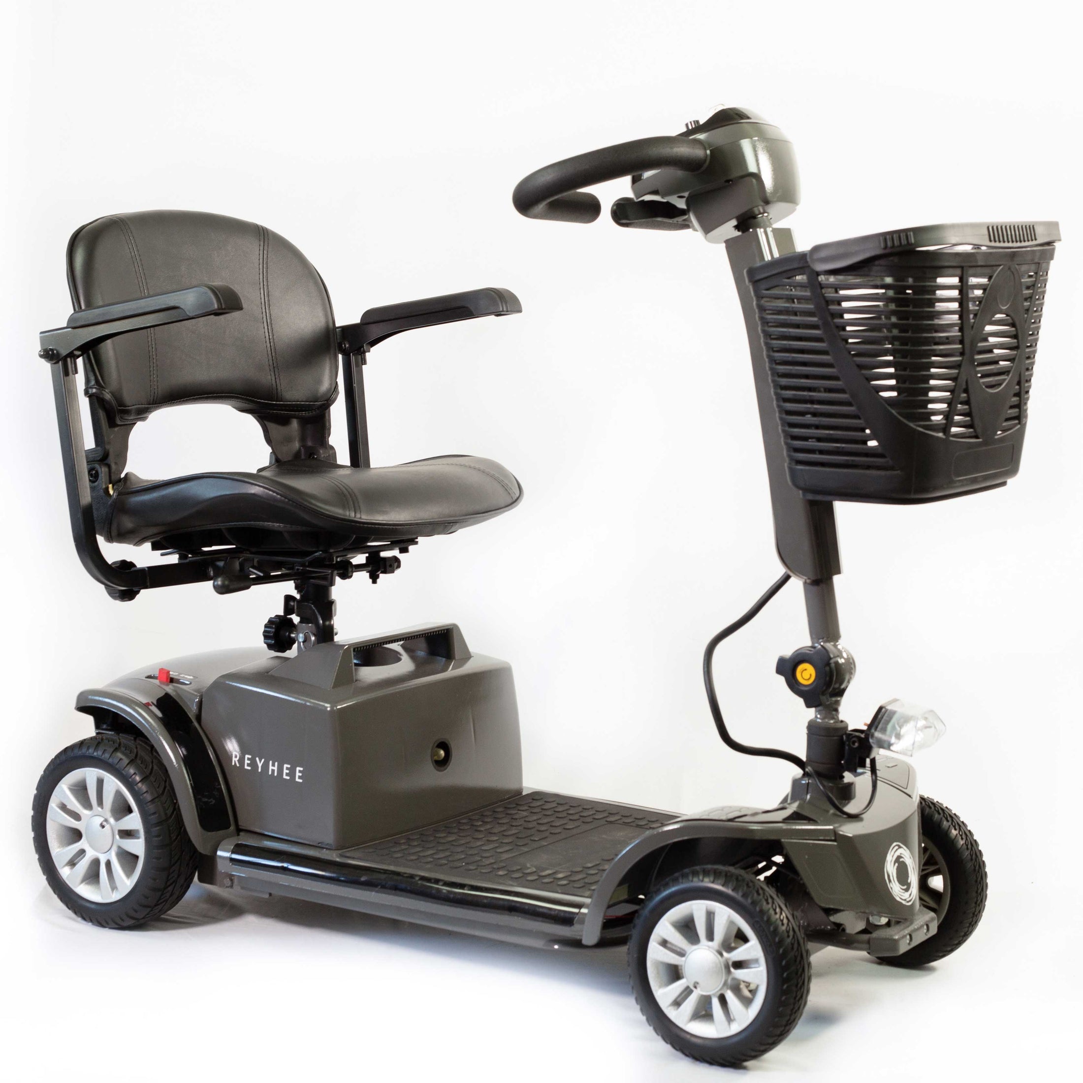 Right side angle view of the black Reyhee Cruiser mobility scooter